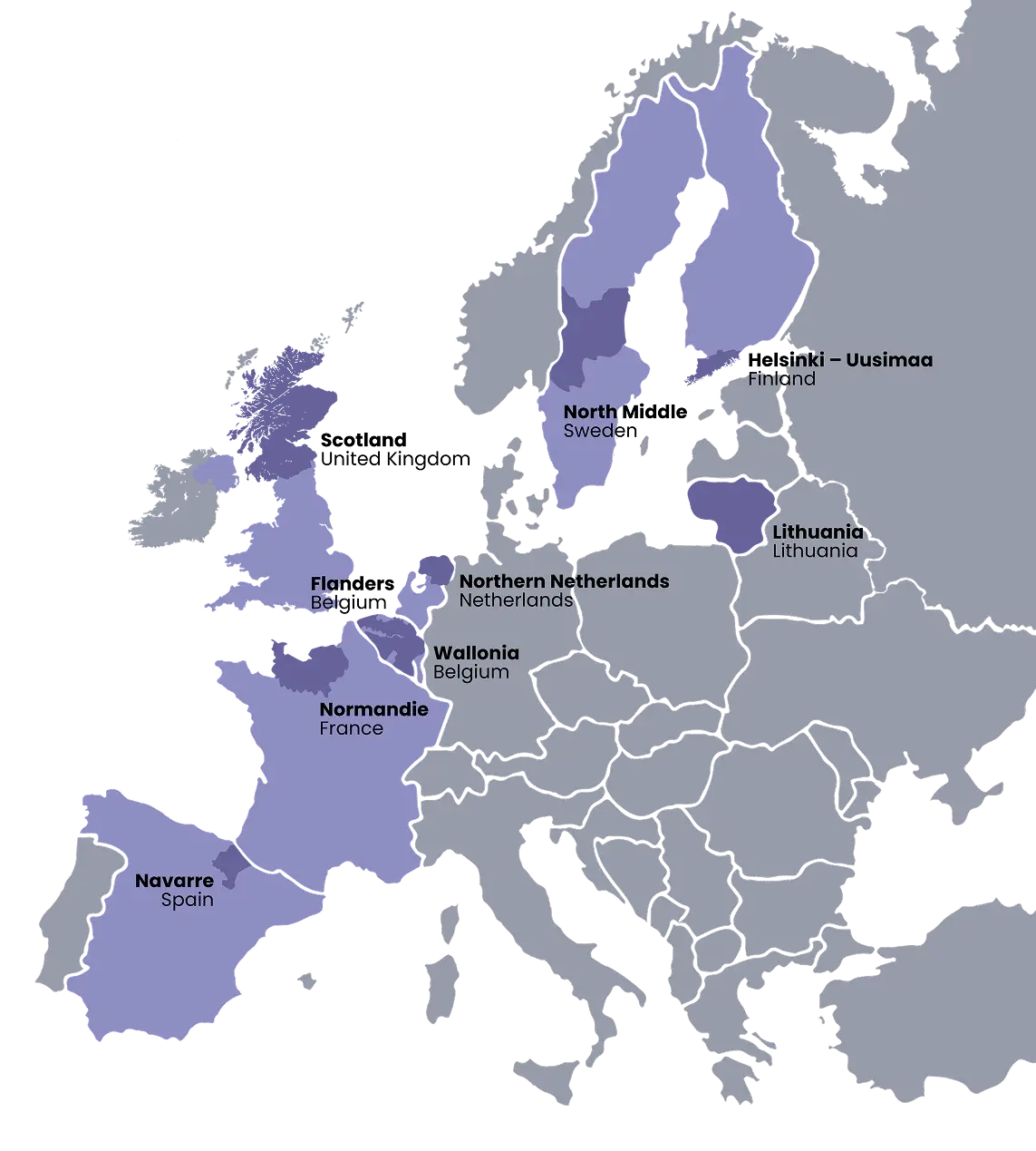 Map of Europe with partner countries highlighted